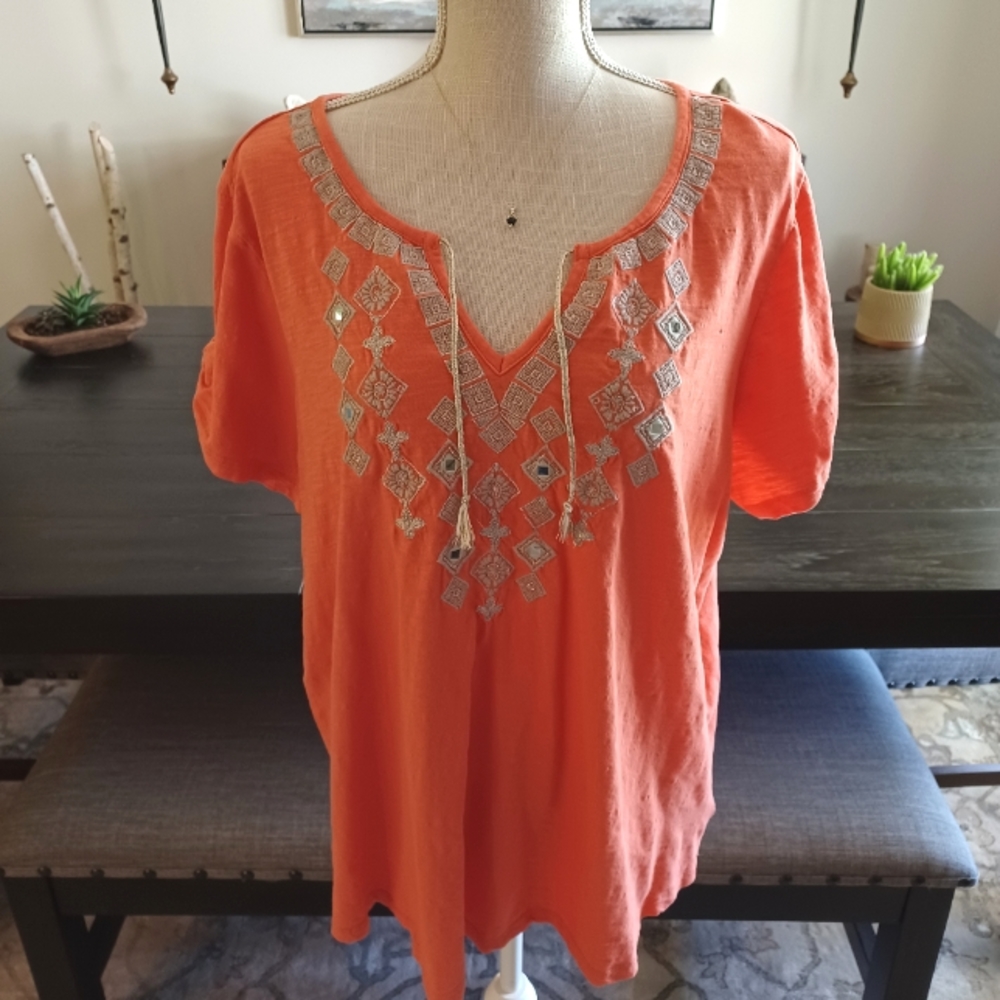 Style & Co. Embroidered Orange Top Size 2X